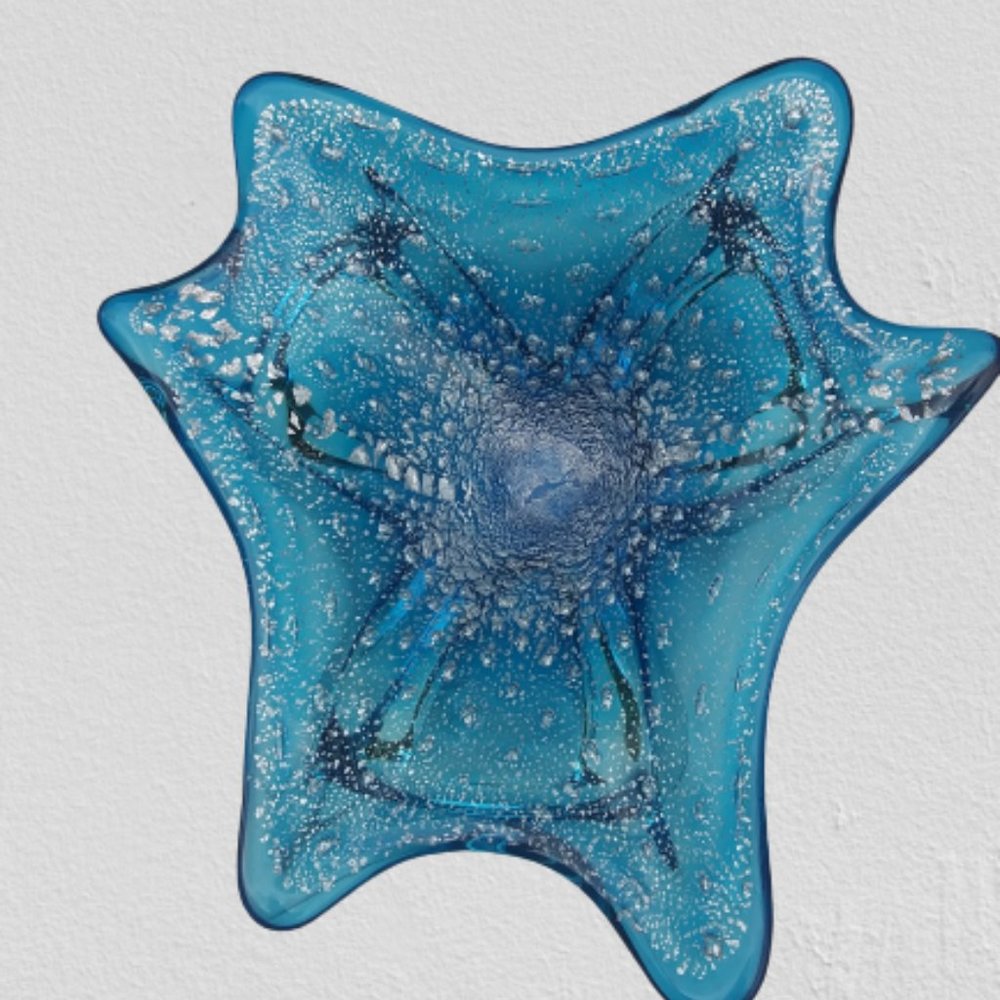 Beautiful blue art glass dish silver and controlled bubbles detail inside glass